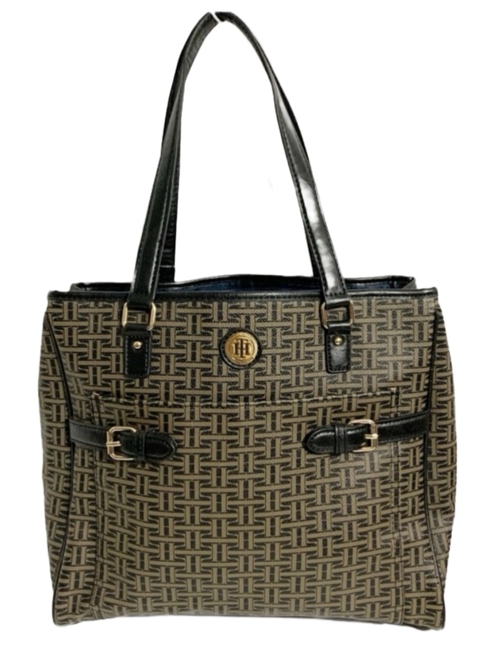 Tommy Hilfiger Monogram Faux Leather Double Handle Shoulder Bag Tote